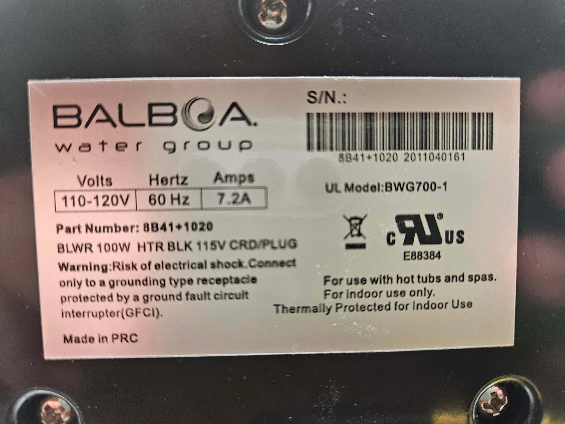 8B41+1020 Balboa Air Blower BWG700-1 78B41+1020 Balboa Air Blower BWG700-1
Balboa Water Group Air Blower 7.2 Amps. 700watt motor with 100Watt Heater
8B41+1020 Balboa Air Blower BWG700-1
All models have cBALBOA WATER GROUP