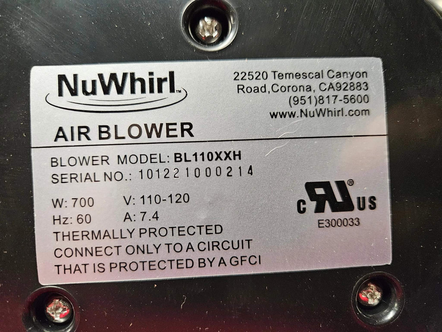 NuWhirl Systems Air Blower BL110XXH with Heater