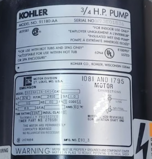 91180-AA Kohler Whirlpool Pump Replacement