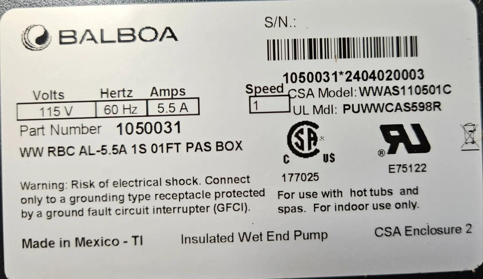 Whirlpool Pump 1050031 PUWWSCAS798R Balboa WOW 5.5Amp