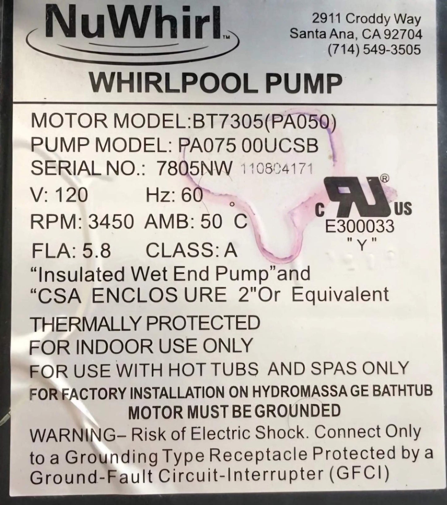 NuWhirl Whirlpool Pump Model PA07500UCSB BT7305 5.8 amps