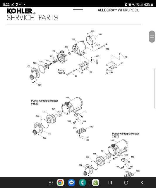 60910, 93829, 73572 Kohler Whirlpool Pumps